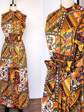 70s Psychedelic Floral & Geometric Jumpsuit Dress Colorful Wide Leg Boho Wedding
